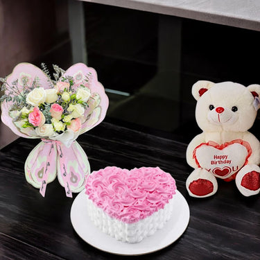 Heart Cake with Teddy & Roses